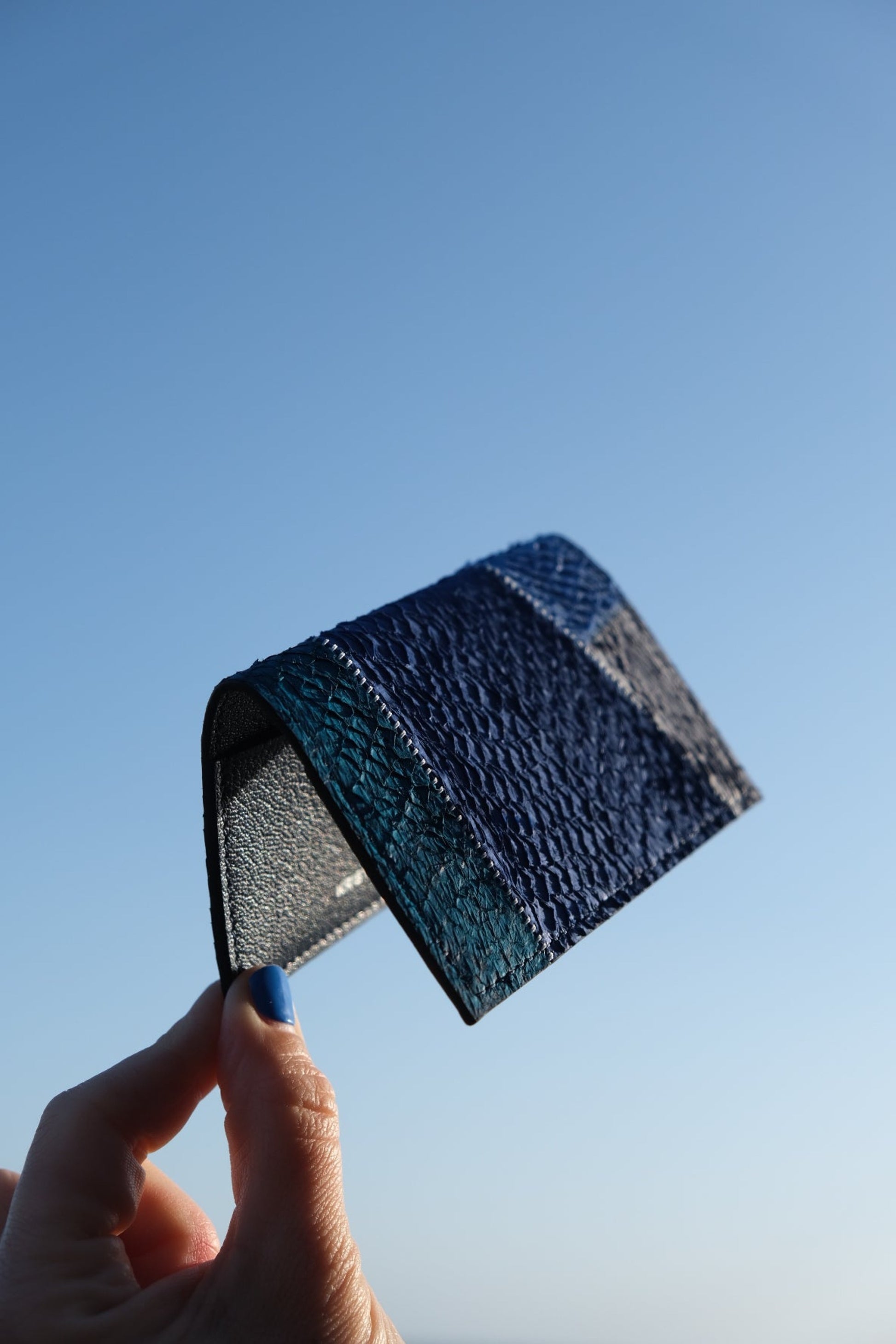 California Canvas Barents Card Holder in striking blue, crafted from a patchwork of sustainably sourced Scandinavian salmon leather pieces, featuring suede-like texture and minimalist Scandinavian design, hand-finished in Stockholm.