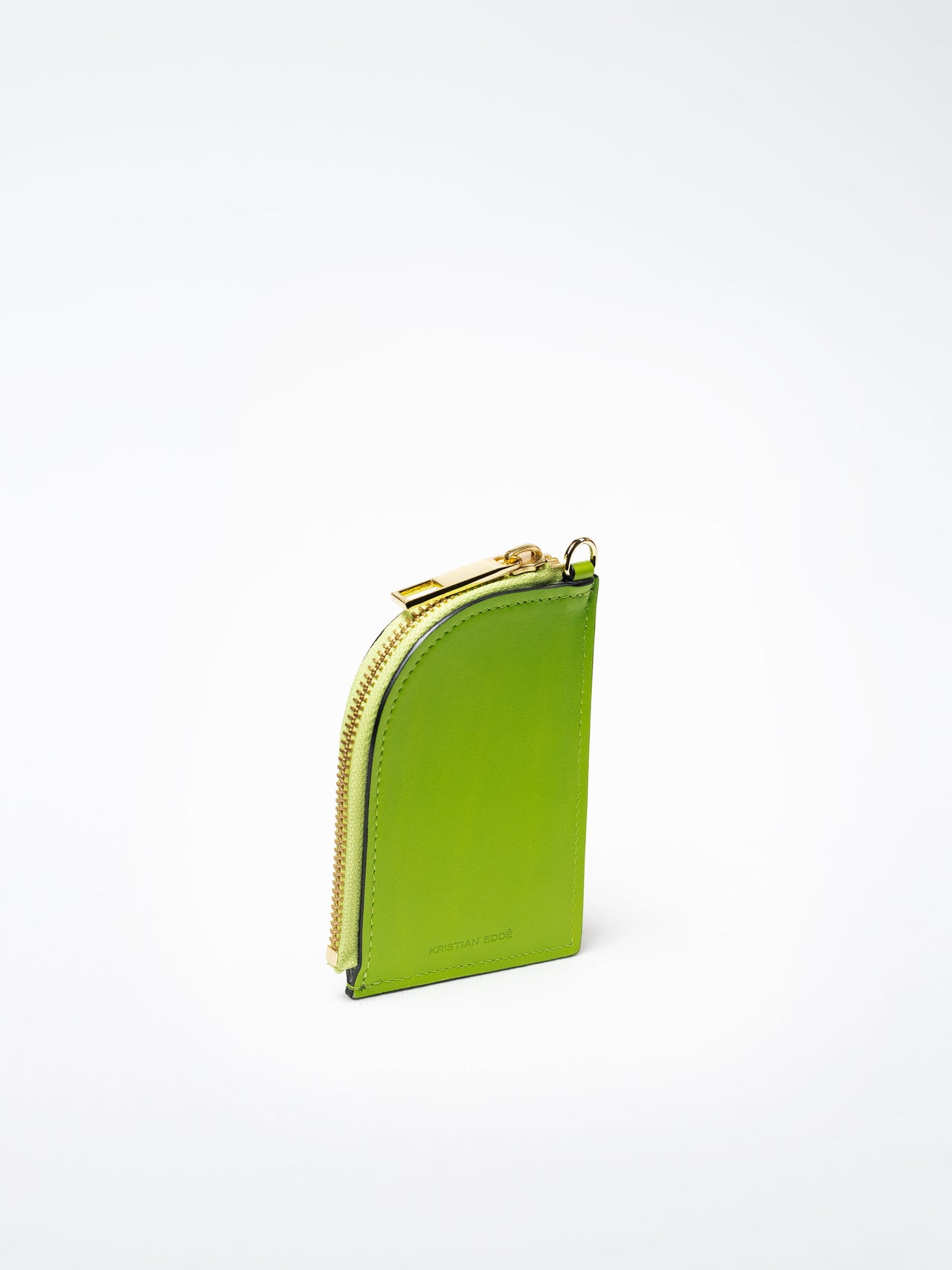 Salma zipper wallet in kelp green salmon leather with gold zipper, handcrafted in Sweden by Kristian Eddé