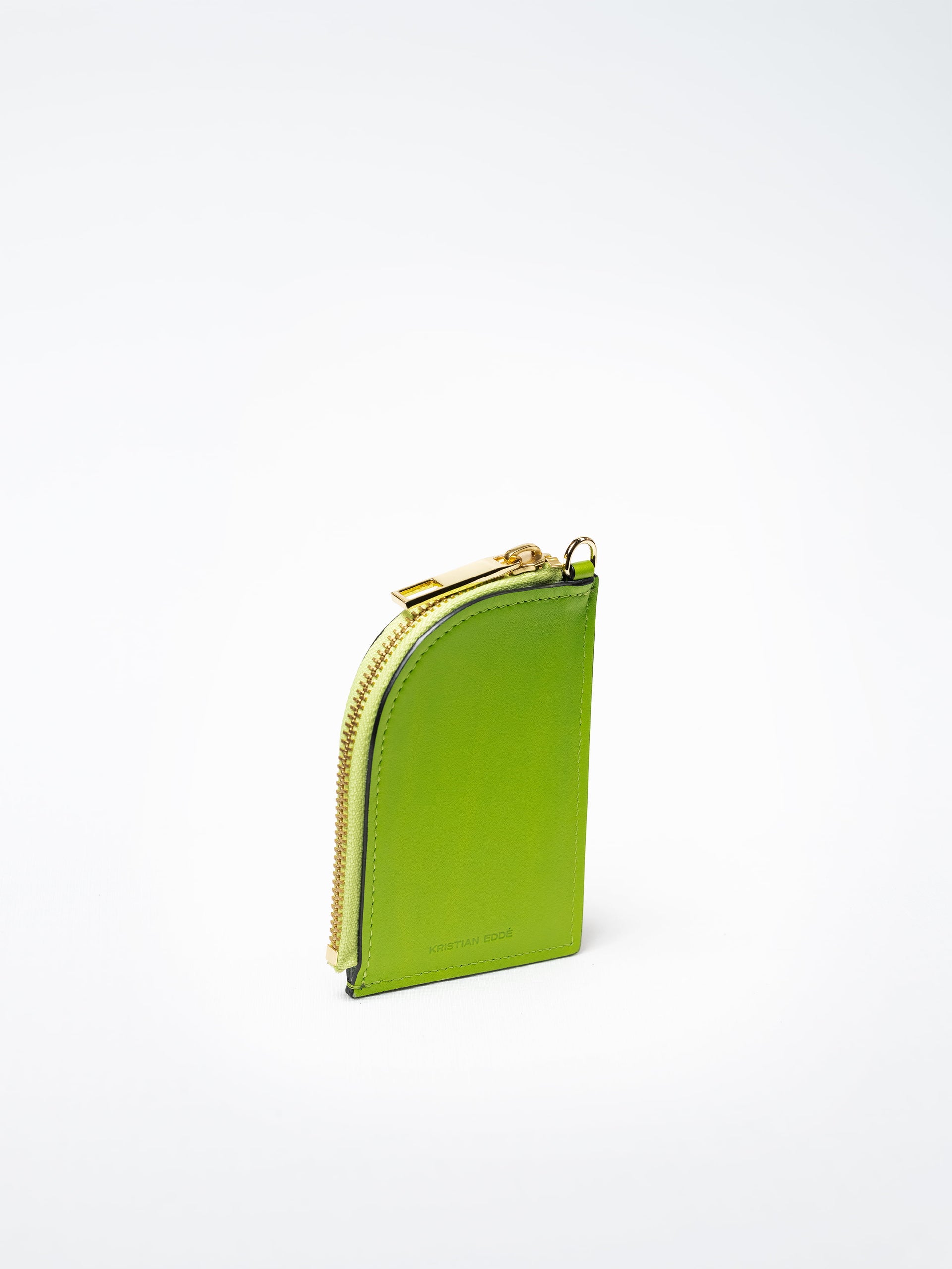 Salma zipper wallet in kelp green salmon leather with gold zipper, handcrafted in Sweden by Kristian Eddé