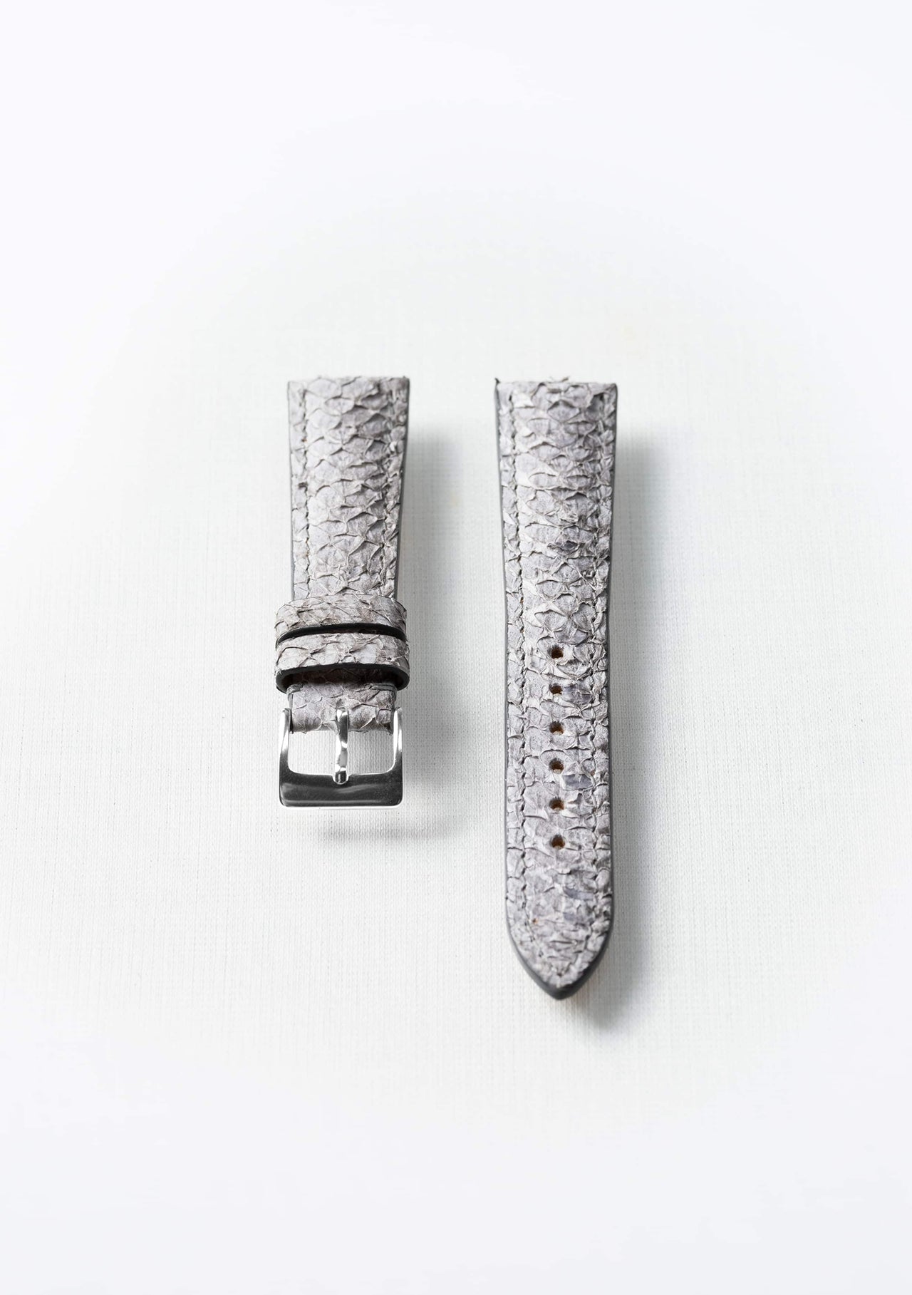 Himalayan gray salmon leather watch strap with silver buckle, handcrafted sustainable accessory by Kristian Eddé