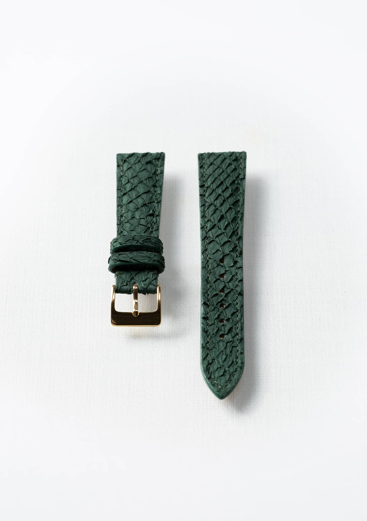 Kelp green salmon leather watch strap with gold buckle, handcrafted sustainable accessory by Kristian Eddé