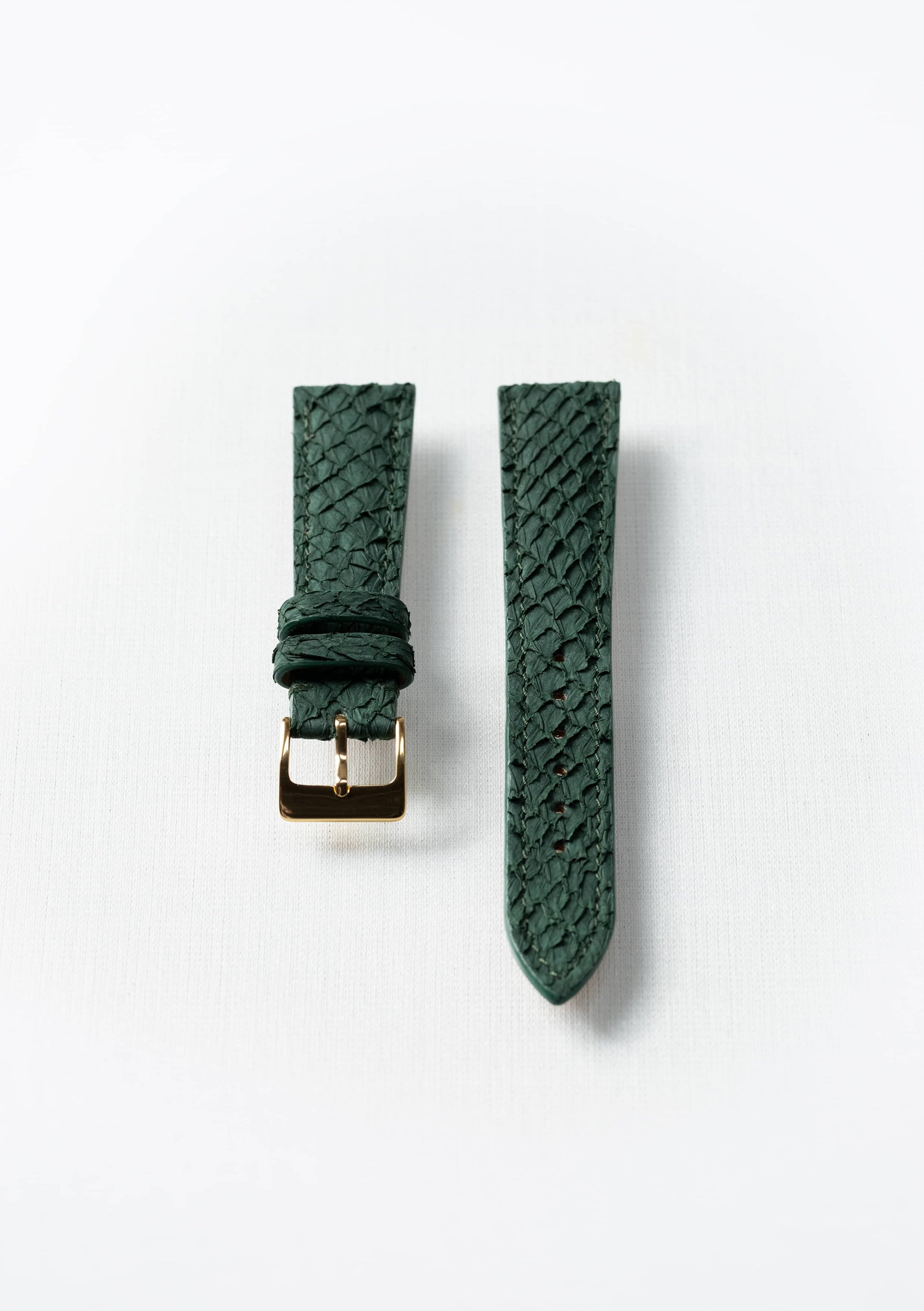 Kelp green salmon leather watch strap with gold buckle, handcrafted sustainable accessory by Kristian Eddé