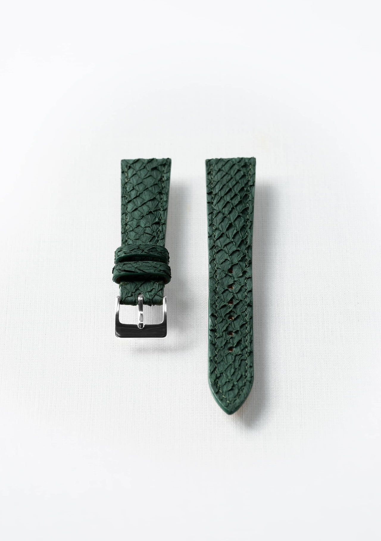 Kelp green fish leather watch strap with silver buckle, sustainable luxury accessory by Kristian Eddé