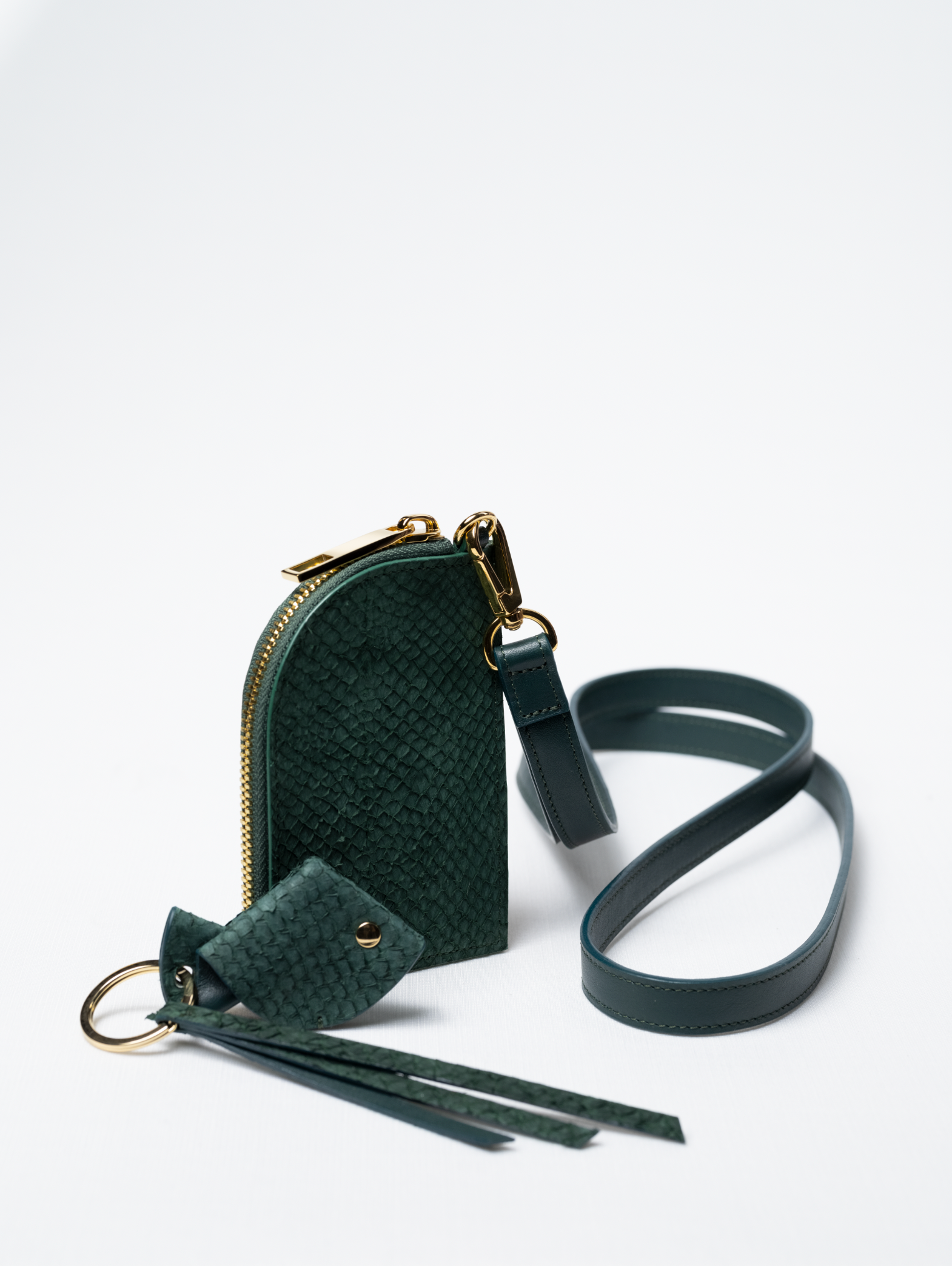 Zip wallet on strap with Salmon Leather in Green